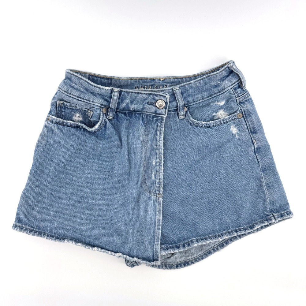 American Eagle Mom Skort Women 2 Blue Distressed Crossover Denim Shorts 2000s
